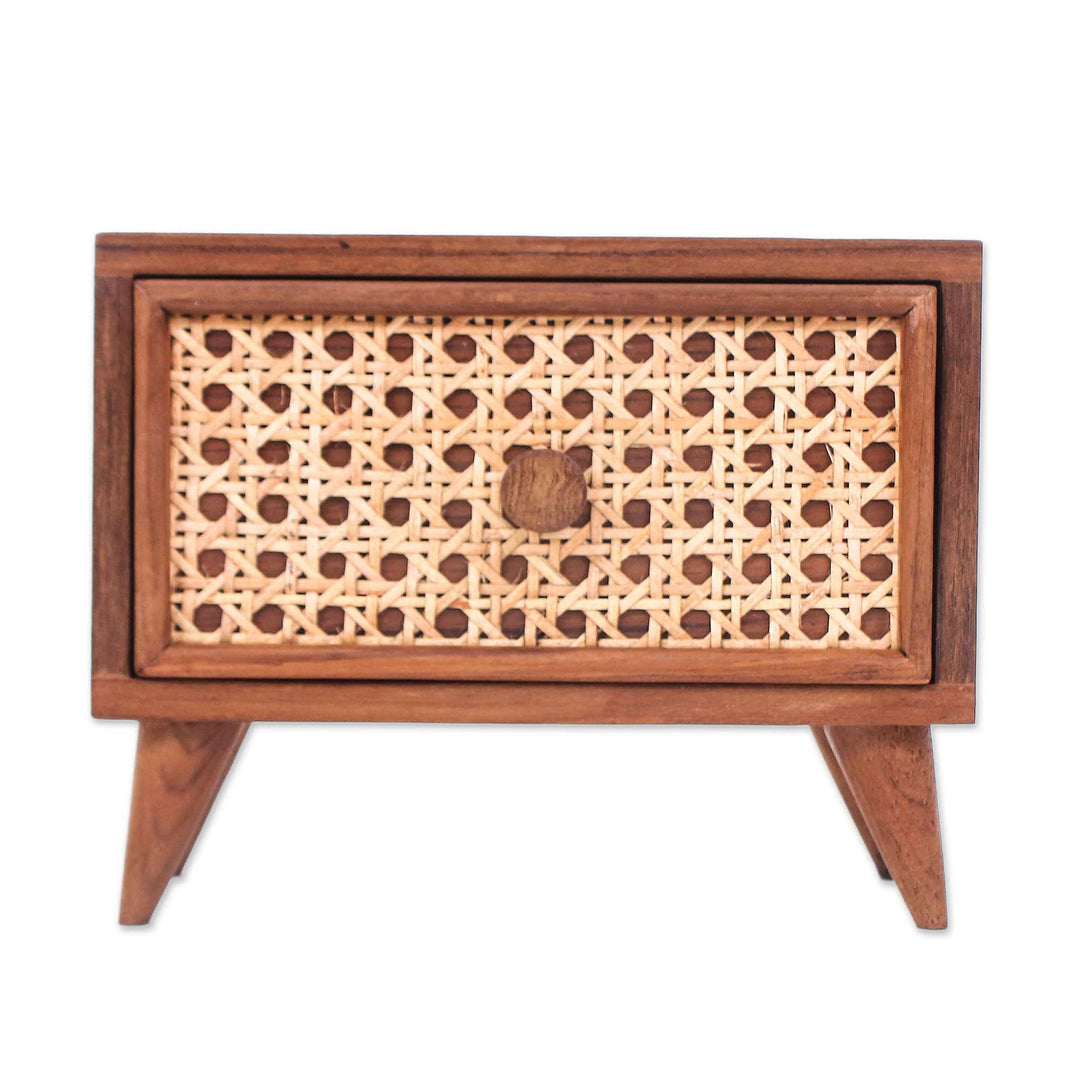 Teak Wood and Natural Fiber One-Drawer Jewelry Box - Timeless Detail