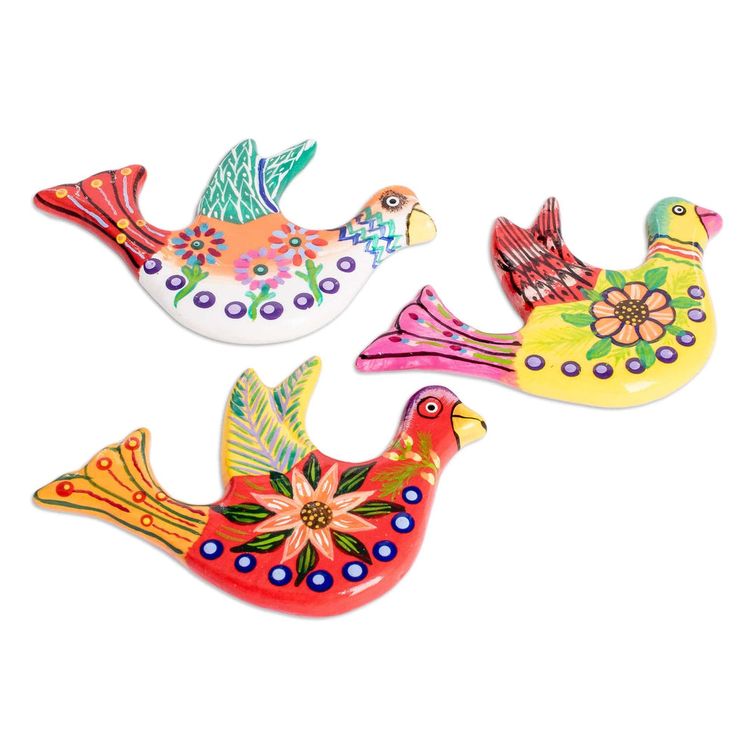 Set of 3 Hand-Painted Colorful Dove Ceramic Magnets - Joyful Doves