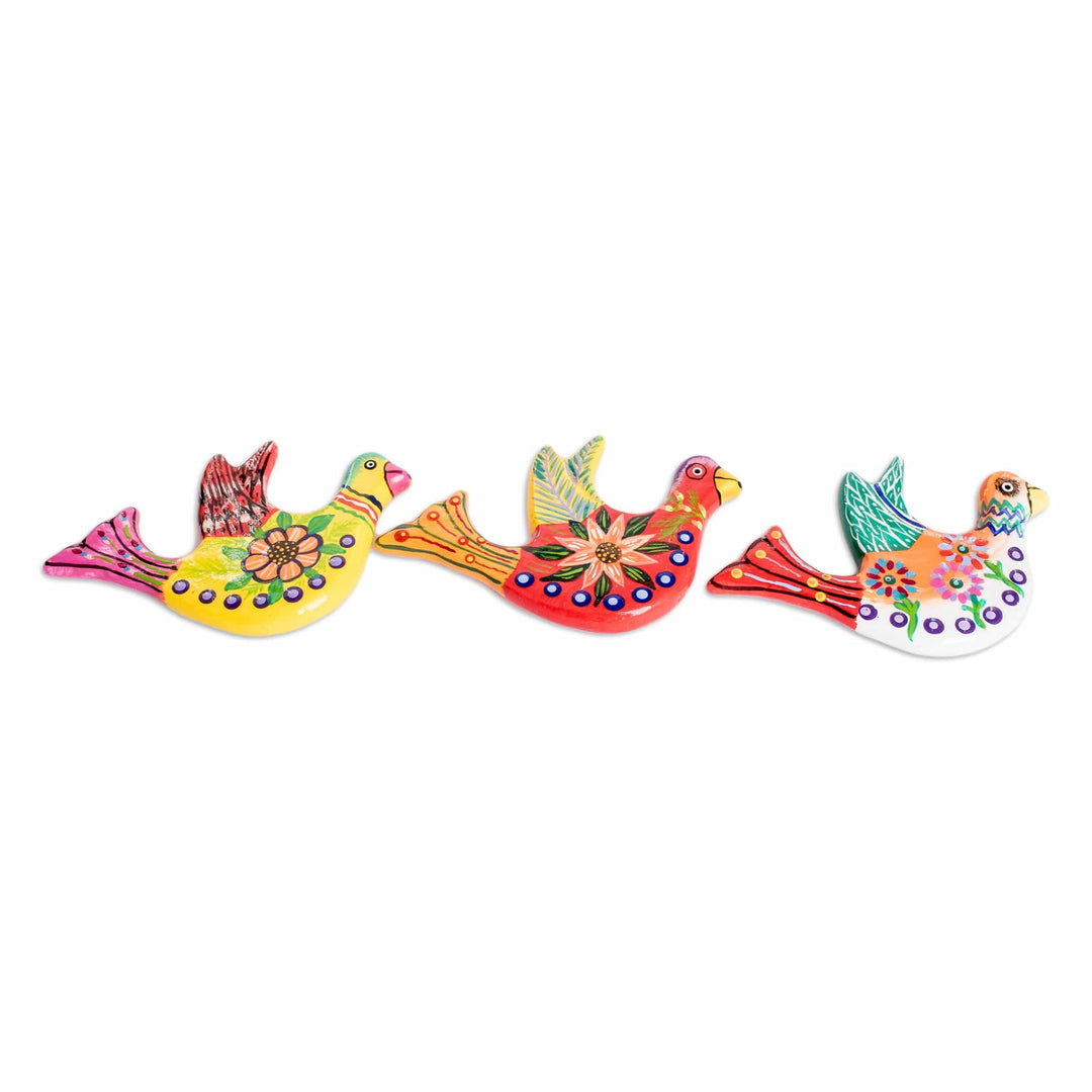 Set of 3 Hand-Painted Colorful Dove Ceramic Magnets - Joyful Doves