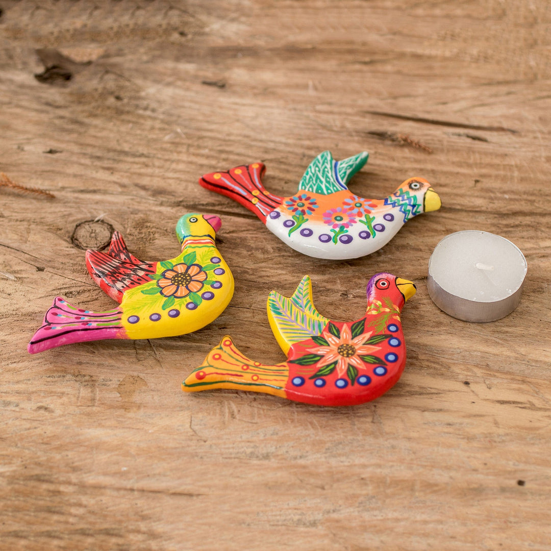 Set of 3 Hand-Painted Colorful Dove Ceramic Magnets - Joyful Doves