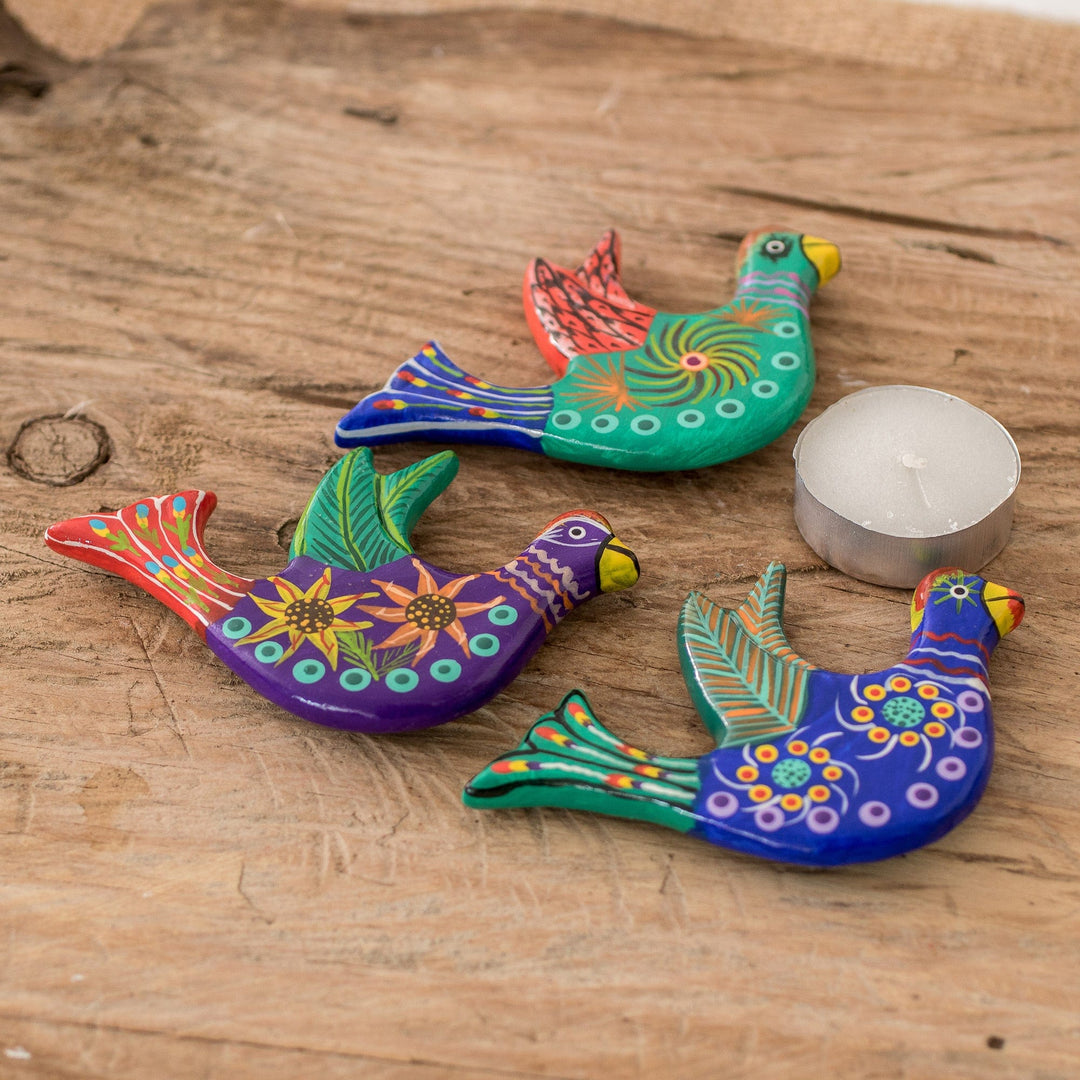 3 Dove Ceramic Magnets with Hand-Painted Floral Accents - Cheerful Doves