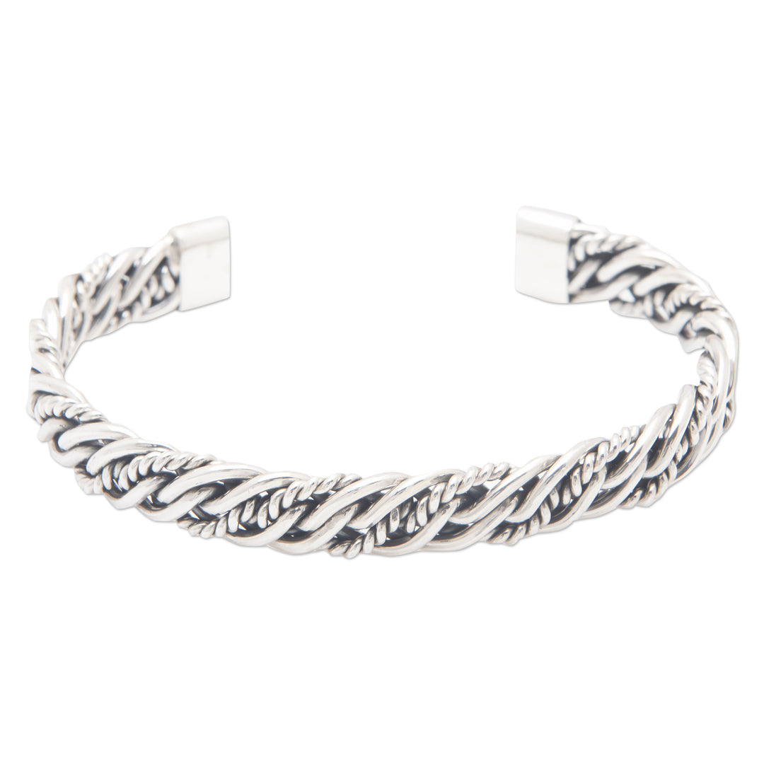 Polished Sterling Silver Cuff Bracelet with Rope Details - Classic Encounters