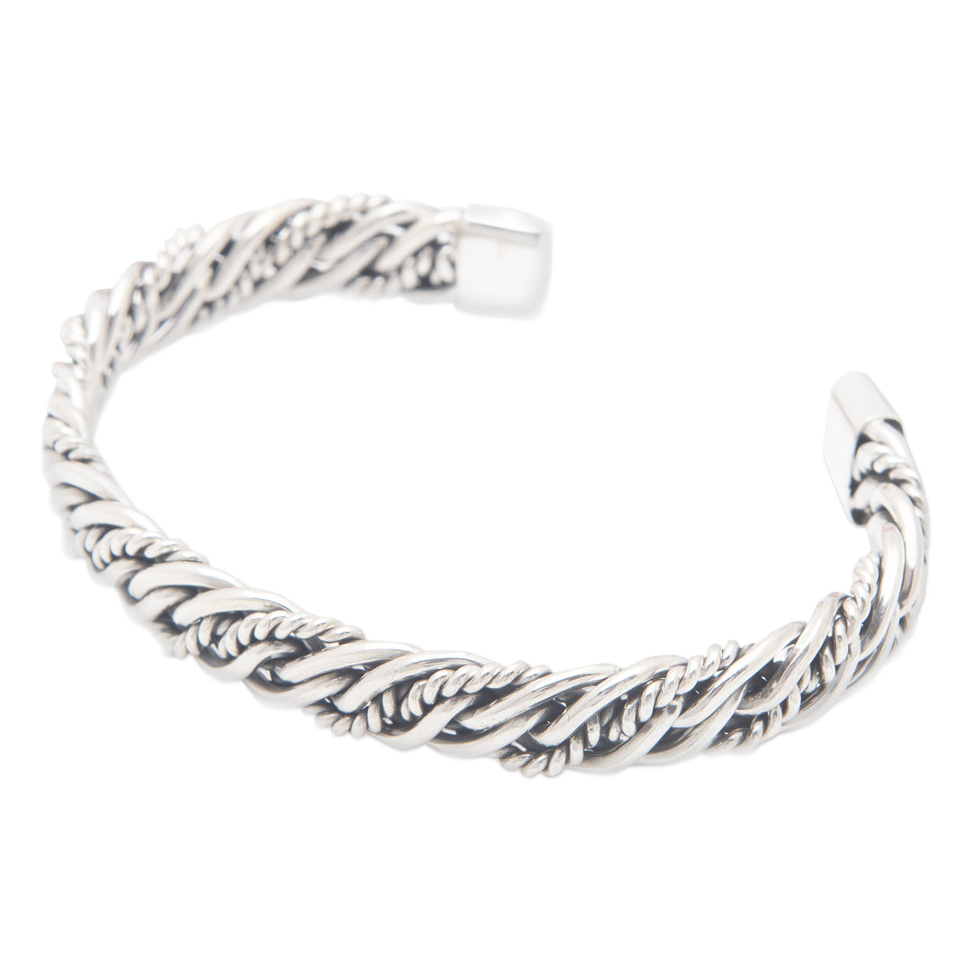 Polished Sterling Silver Cuff Bracelet with Rope Details - Classic Encounters