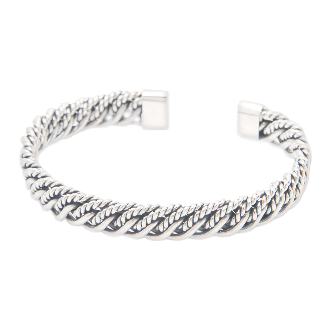 Polished Sterling Silver Cuff Bracelet with Rope Motifs - Supreme Encounters