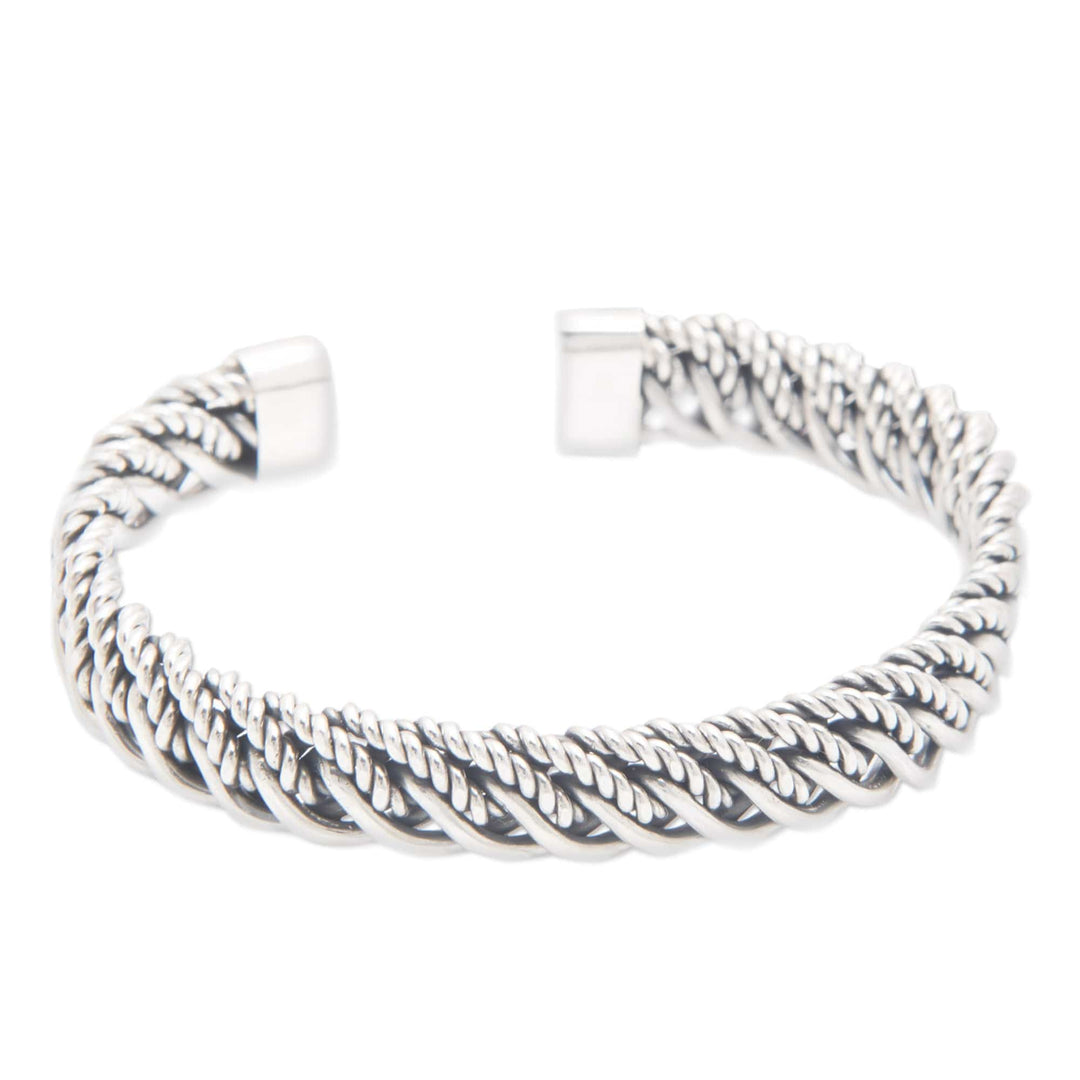 Polished Sterling Silver Cuff Bracelet with Rope Motifs - Supreme Encounters