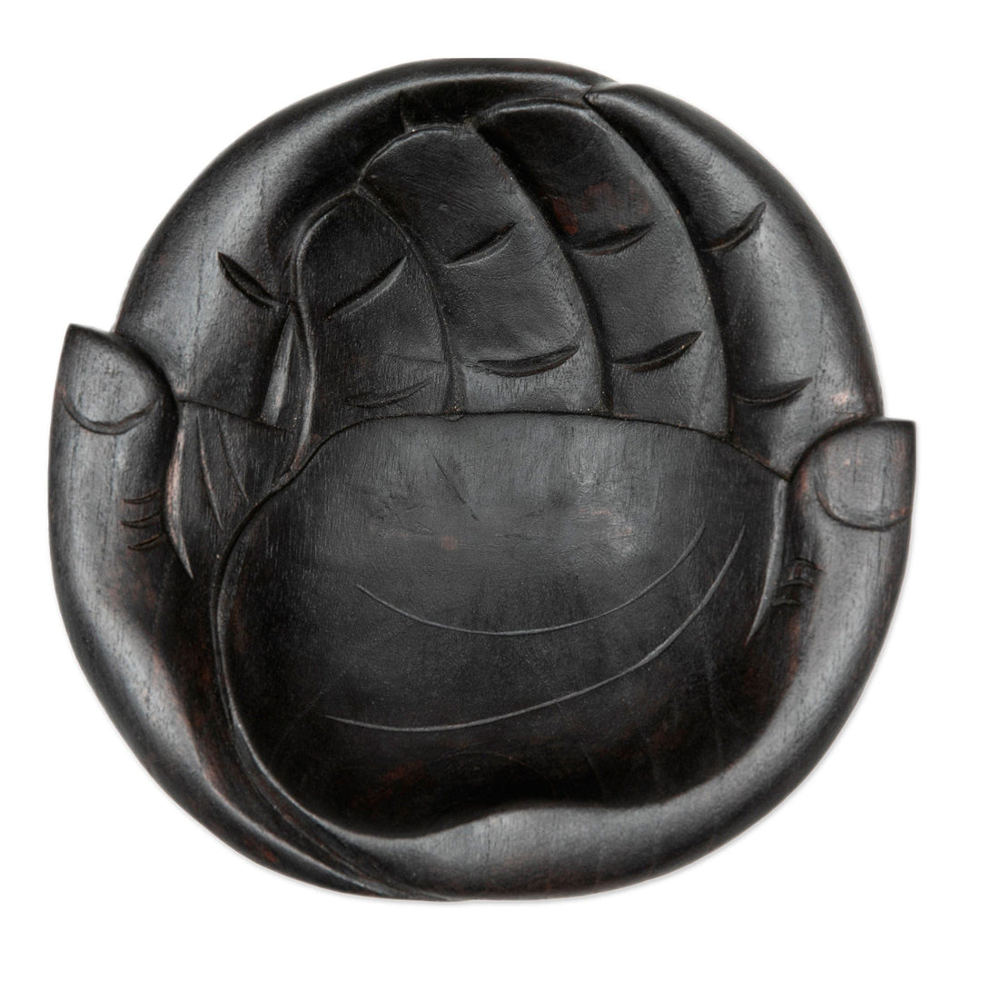 Hand-Carved Black Hand-Shaped Suar Wood Catchall - Receiving Hands