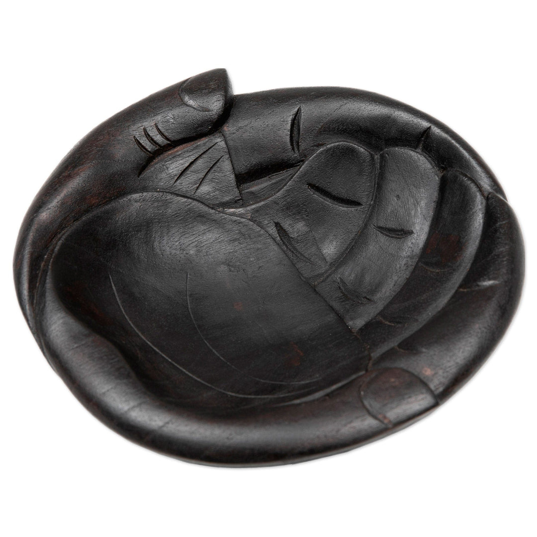 Hand-Carved Black Hand-Shaped Suar Wood Catchall - Receiving Hands