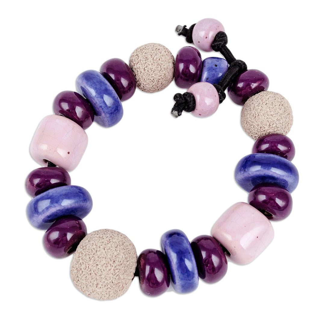 Purple and Burgundy Ceramic Beaded Stretch Bracelet - Purple Passion