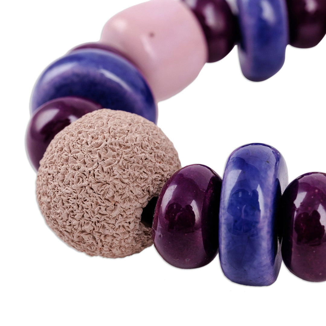 Purple and Burgundy Ceramic Beaded Stretch Bracelet - Purple Passion