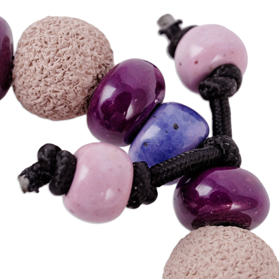 Purple and Burgundy Ceramic Beaded Stretch Bracelet - Purple Passion