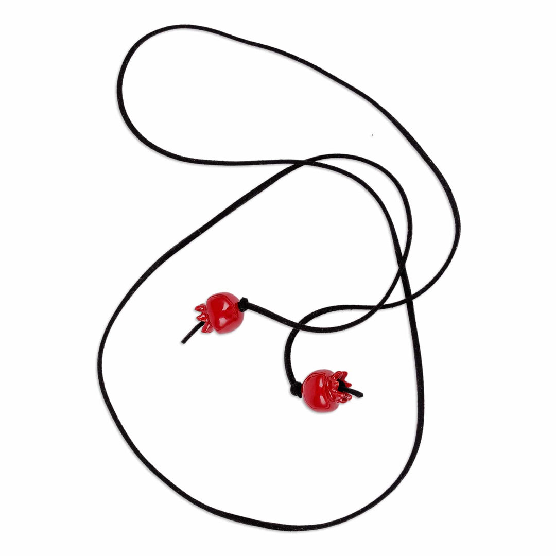 Pomegranate-Themed Red and Black Ceramic Lariat Necklace - Tiny Pomegranate
