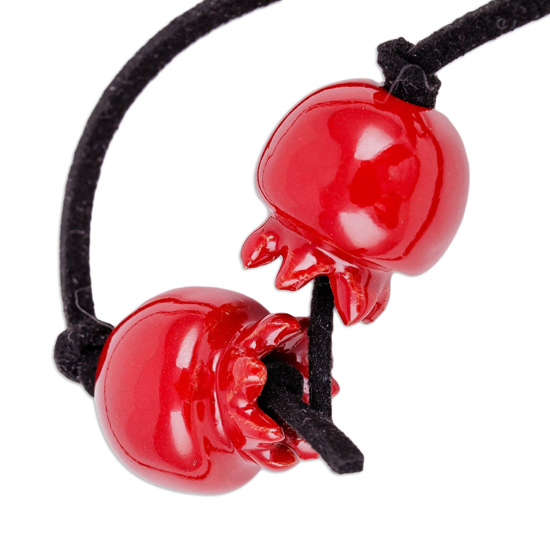Pomegranate-Themed Red and Black Ceramic Lariat Necklace - Tiny Pomegranate