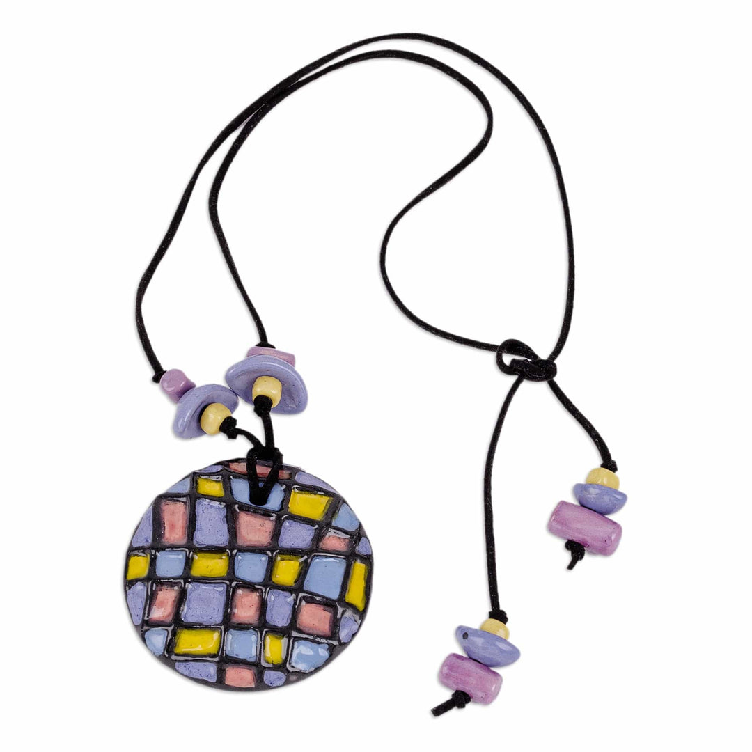 Painted Pink and Purple Checkered Choker Pendant Necklace - Kaleidoscope