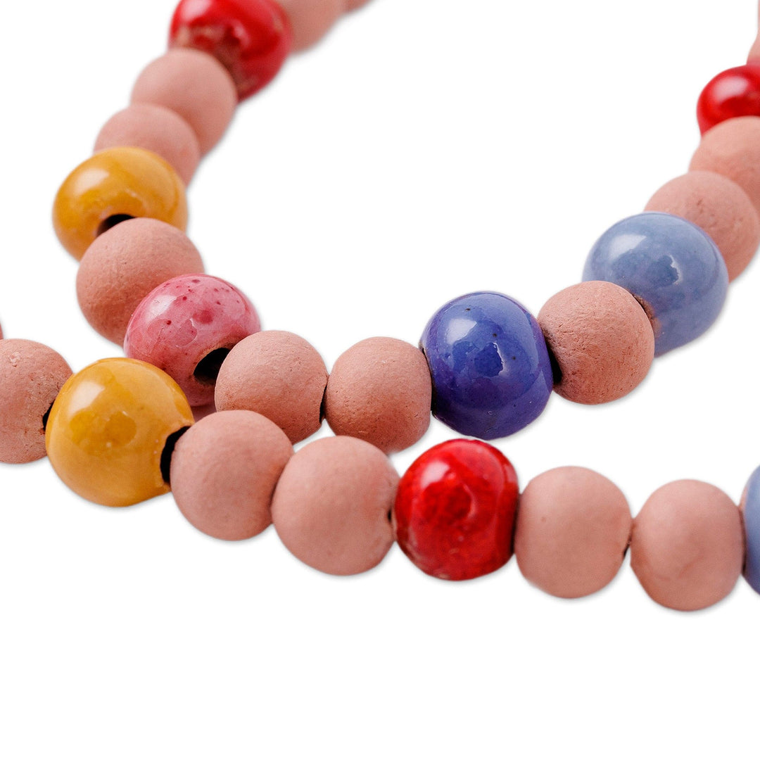 Hand-Painted Ceramic Beaded Necklace from Uzbekistan (Small) - Spring Colors