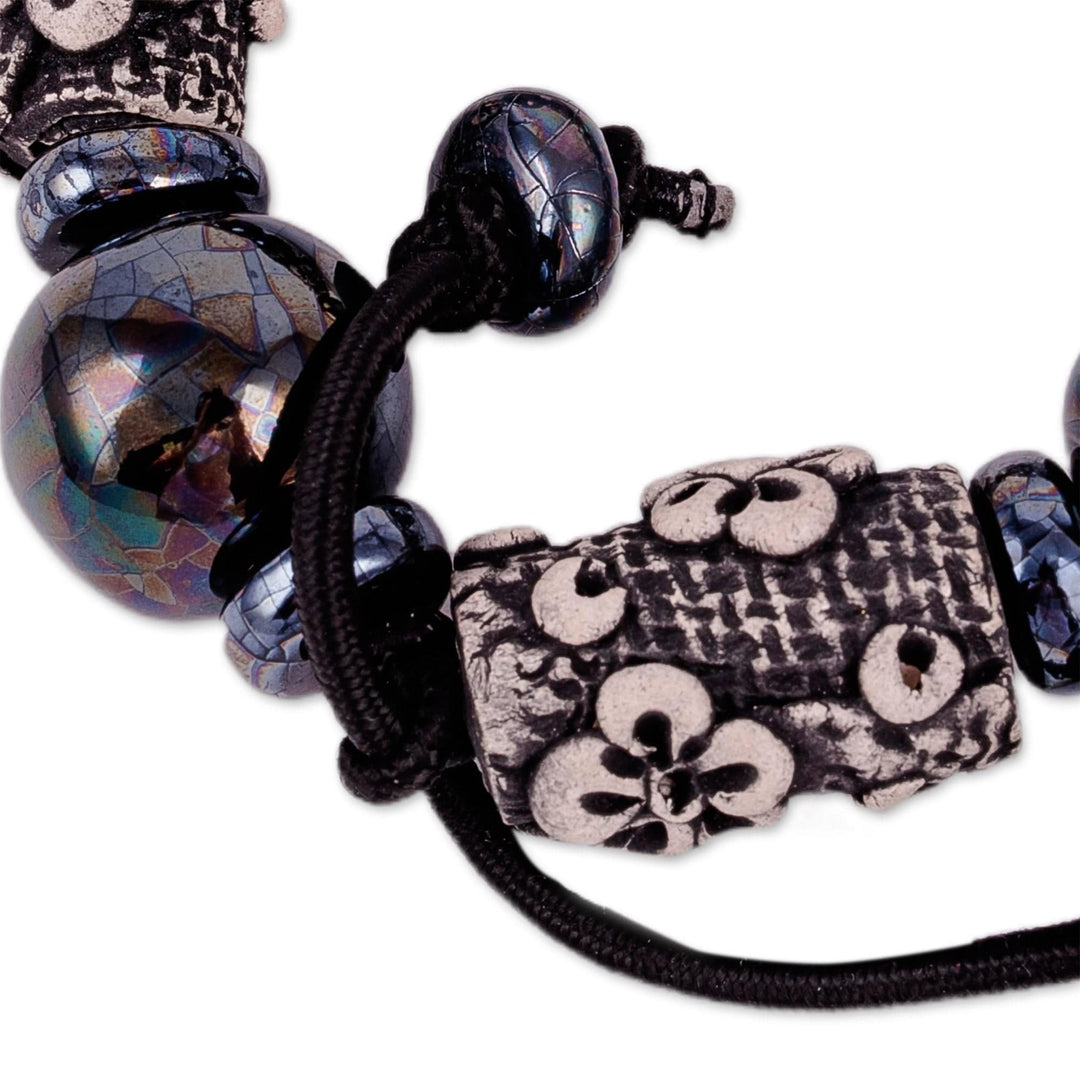 Floral Black Ceramic Beaded Stretch Bracelet from Uzbekistan - Luxurious Season