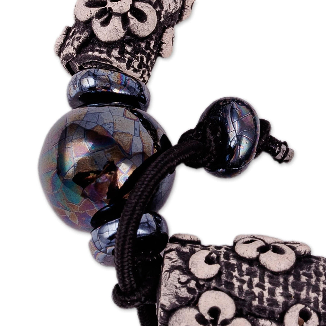 Floral Black Ceramic Beaded Stretch Bracelet from Uzbekistan - Luxurious Season