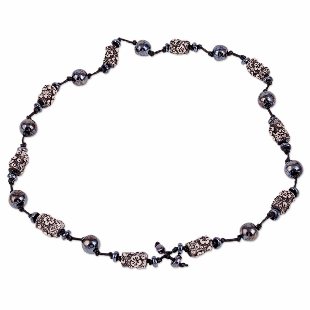 Floral Black Ceramic Station Necklace from Uzbekistan - Luxurious Season