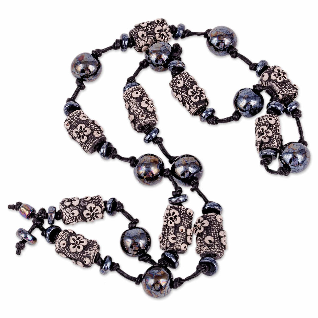 Floral Black Ceramic Station Necklace from Uzbekistan - Luxurious Season