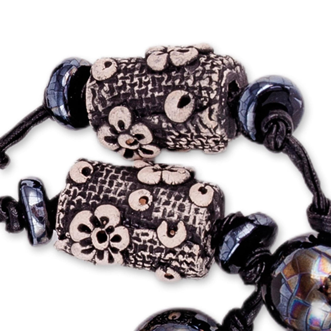 Floral Black Ceramic Station Necklace from Uzbekistan - Luxurious Season