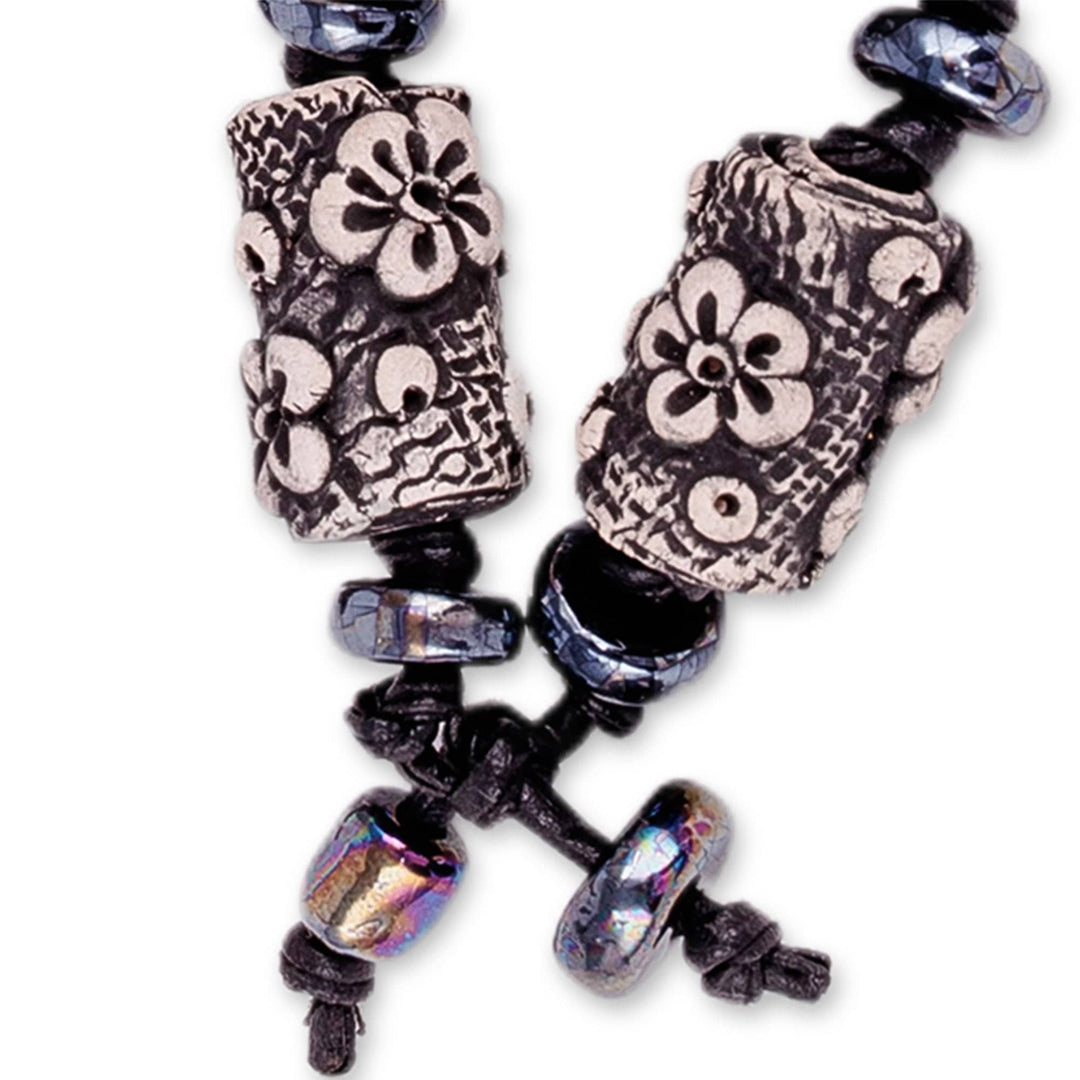 Floral Black Ceramic Station Necklace from Uzbekistan - Luxurious Season