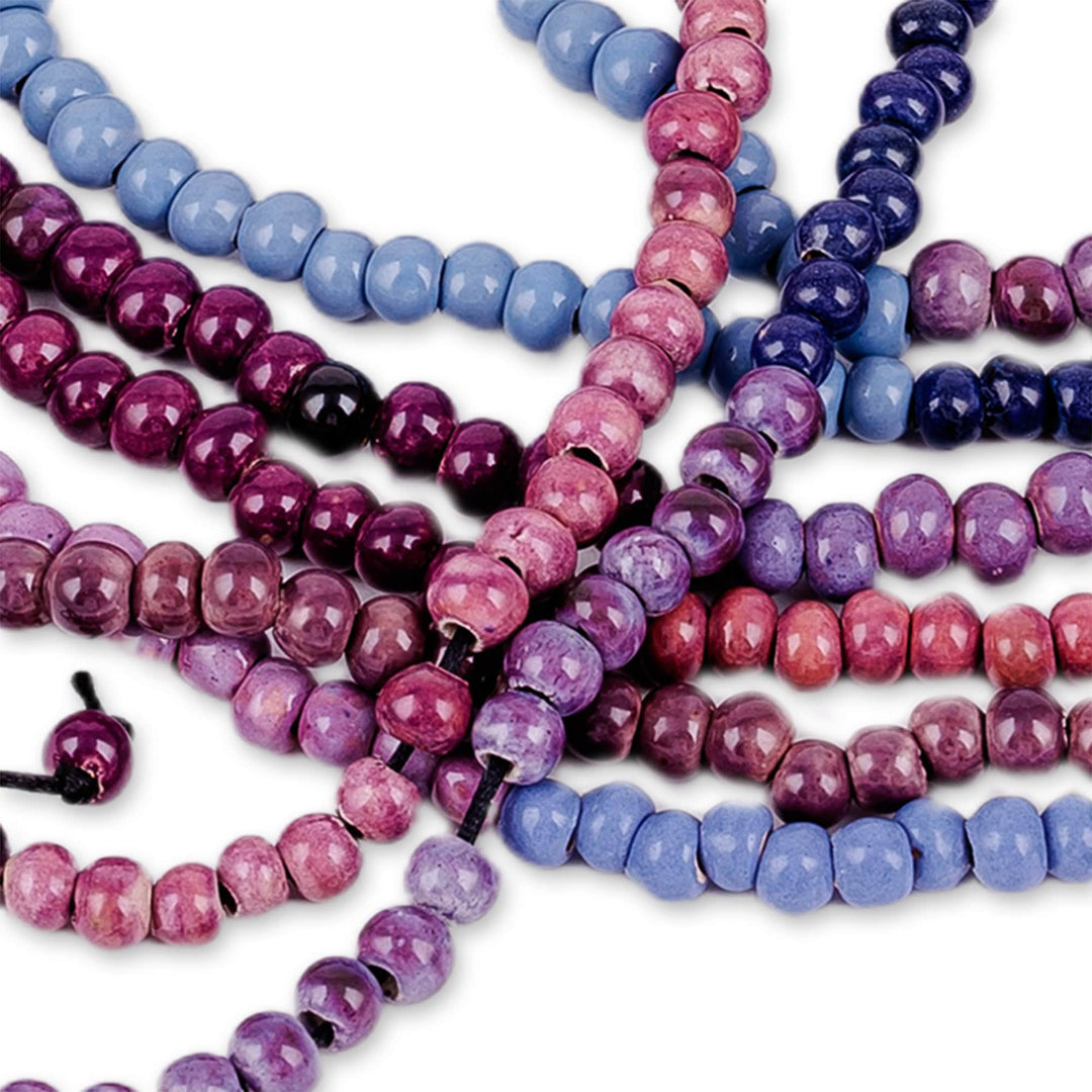 Handmade Purple and Blue Ceramic Long Beaded Necklace - Breeze Colors