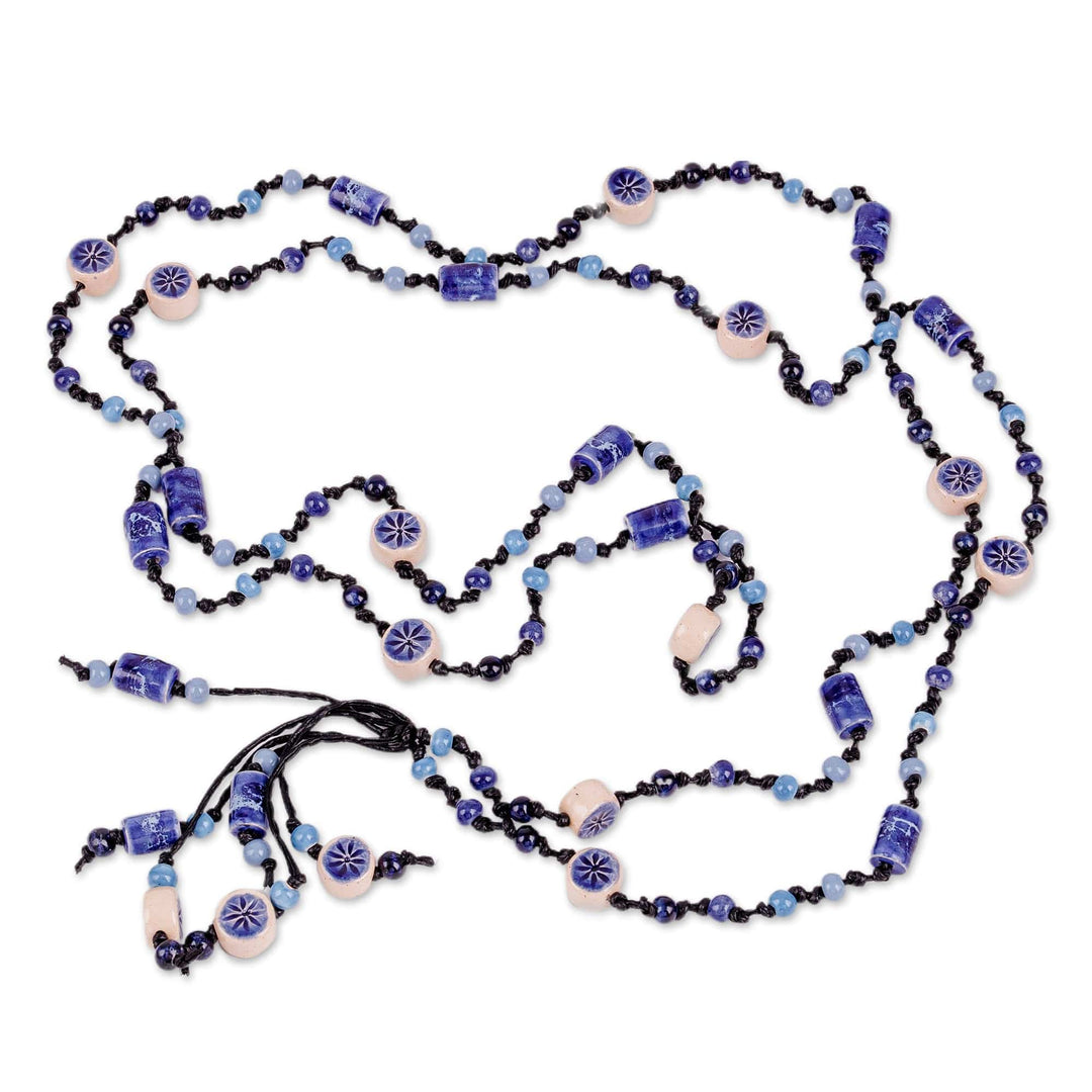Floral Blue Ceramic Station Beaded Necklace with Tassel - Blue Dances
