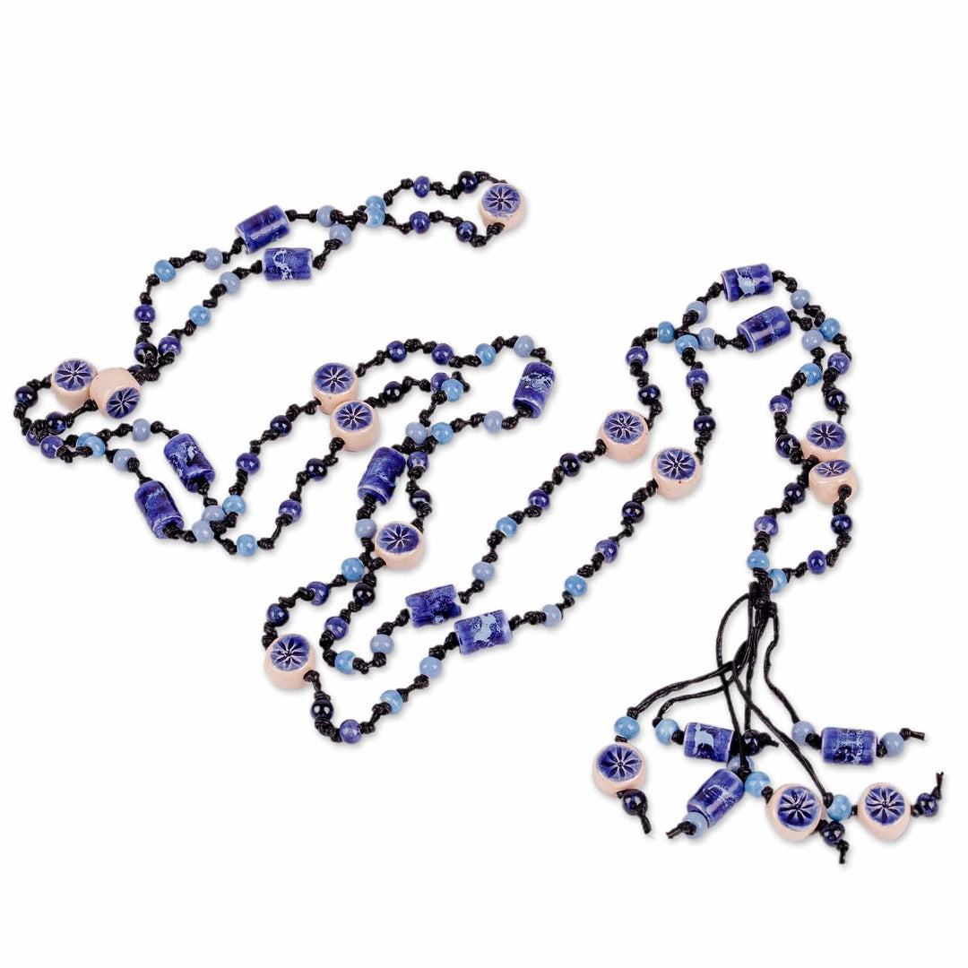 Floral Blue Ceramic Station Beaded Necklace with Tassel - Blue Dances
