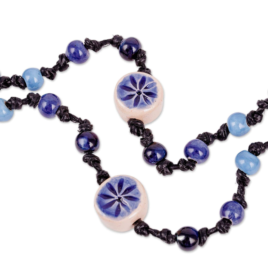 Floral Blue Ceramic Station Beaded Necklace with Tassel - Blue Dances
