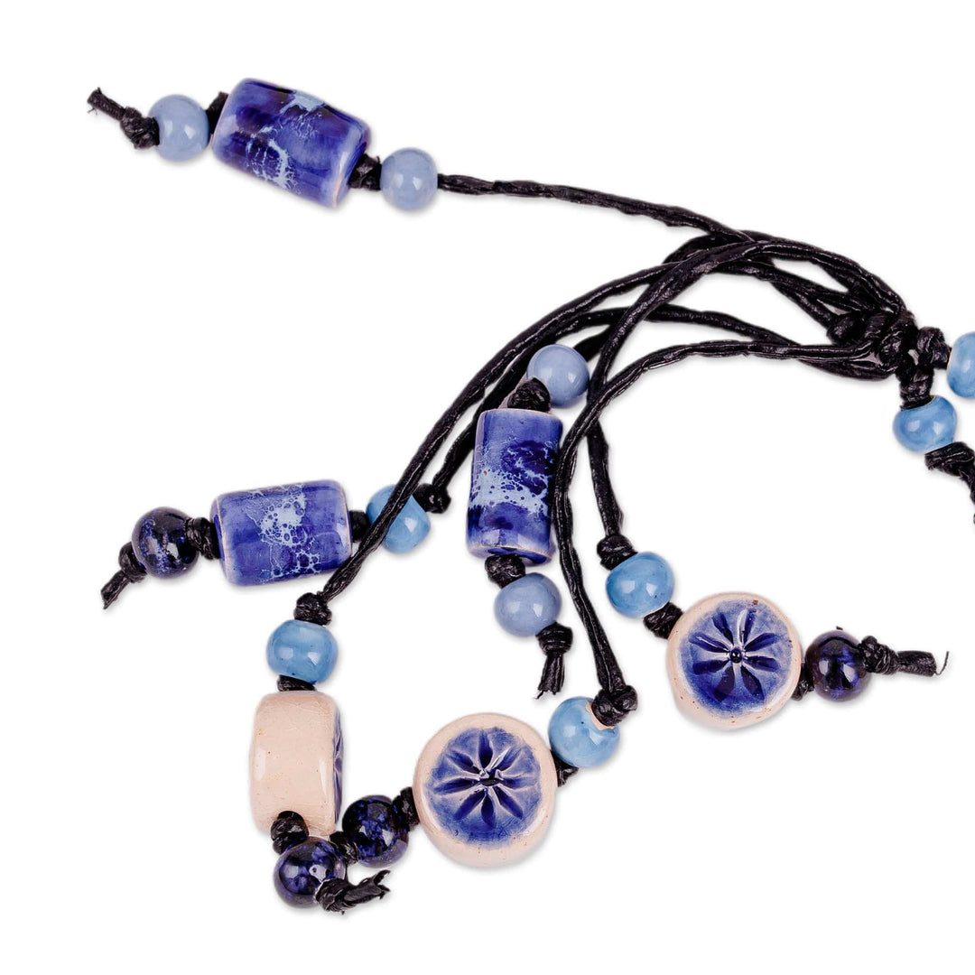 Floral Blue Ceramic Station Beaded Necklace with Tassel - Blue Dances