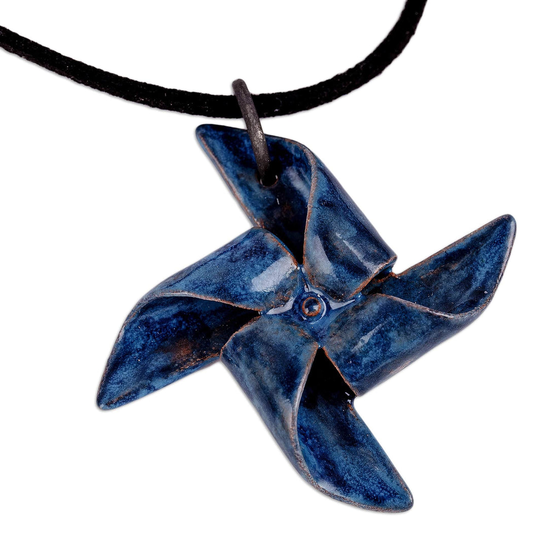 Handcrafted Blue Ceramic Windmill Pendant Necklace - Blue Pinwheel