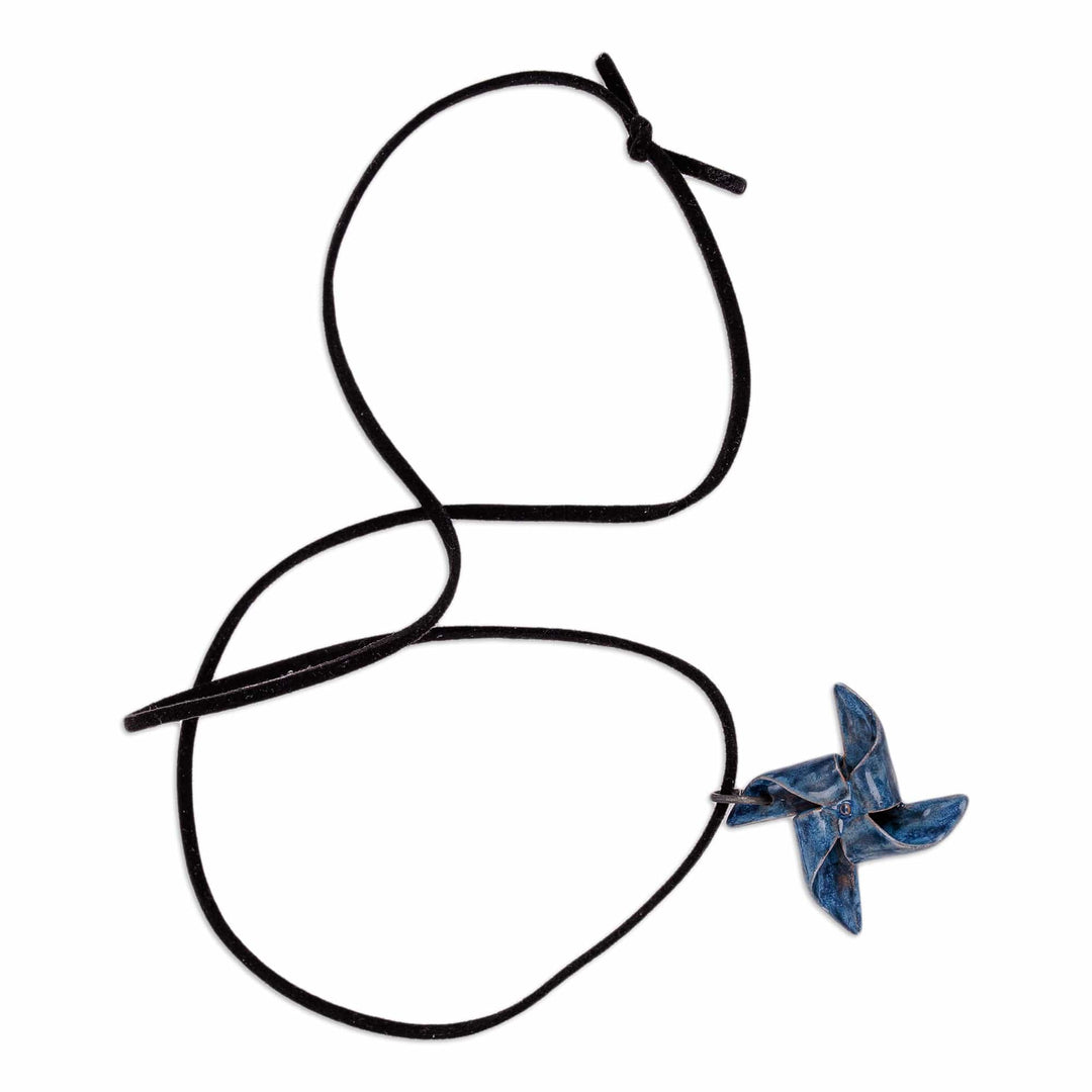 Handcrafted Blue Ceramic Windmill Pendant Necklace - Blue Pinwheel