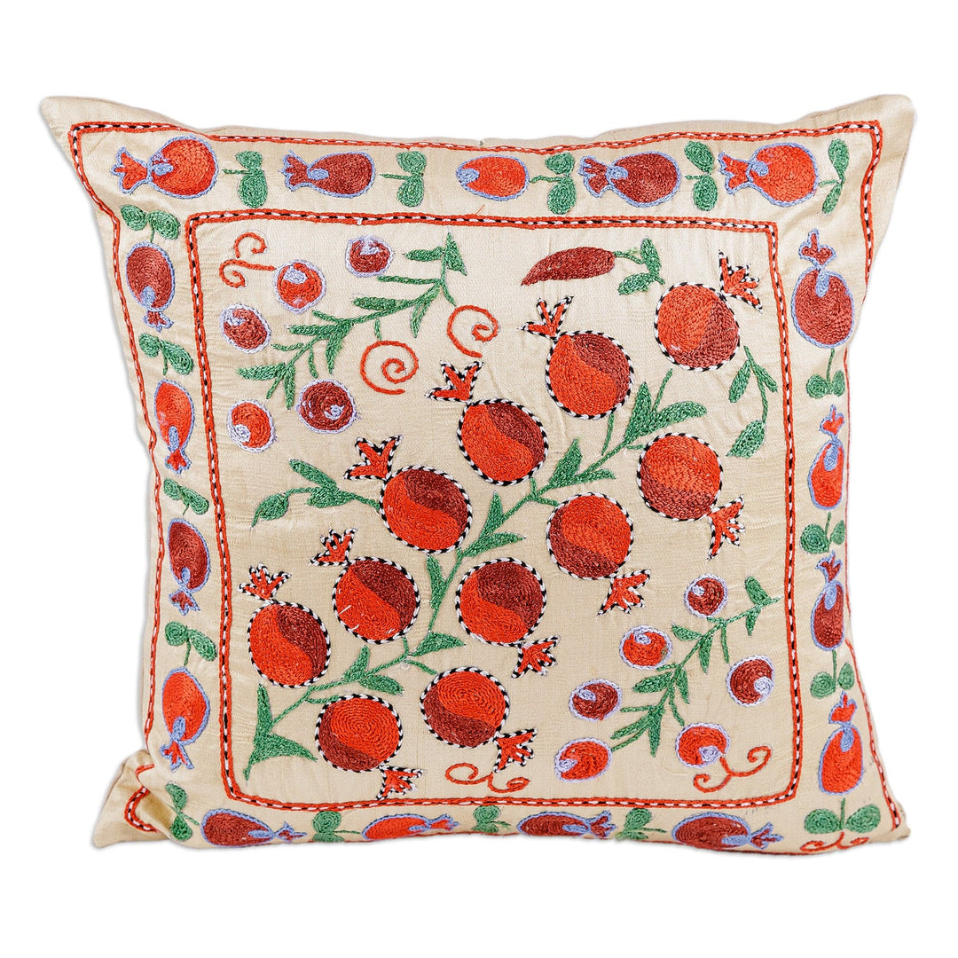 Ivory and Red Pomegranate Embroidered Silk Cushion Cover - Passion Portrait