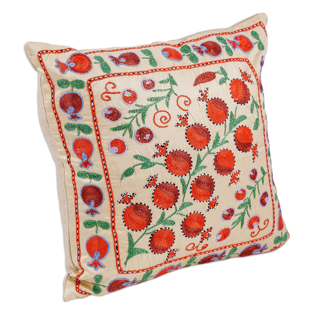 Ivory and Red Pomegranate Embroidered Silk Cushion Cover - Passion Portrait