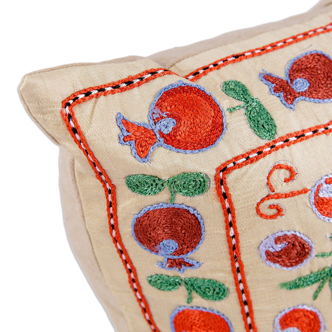 Ivory and Red Pomegranate Embroidered Silk Cushion Cover - Passion Portrait