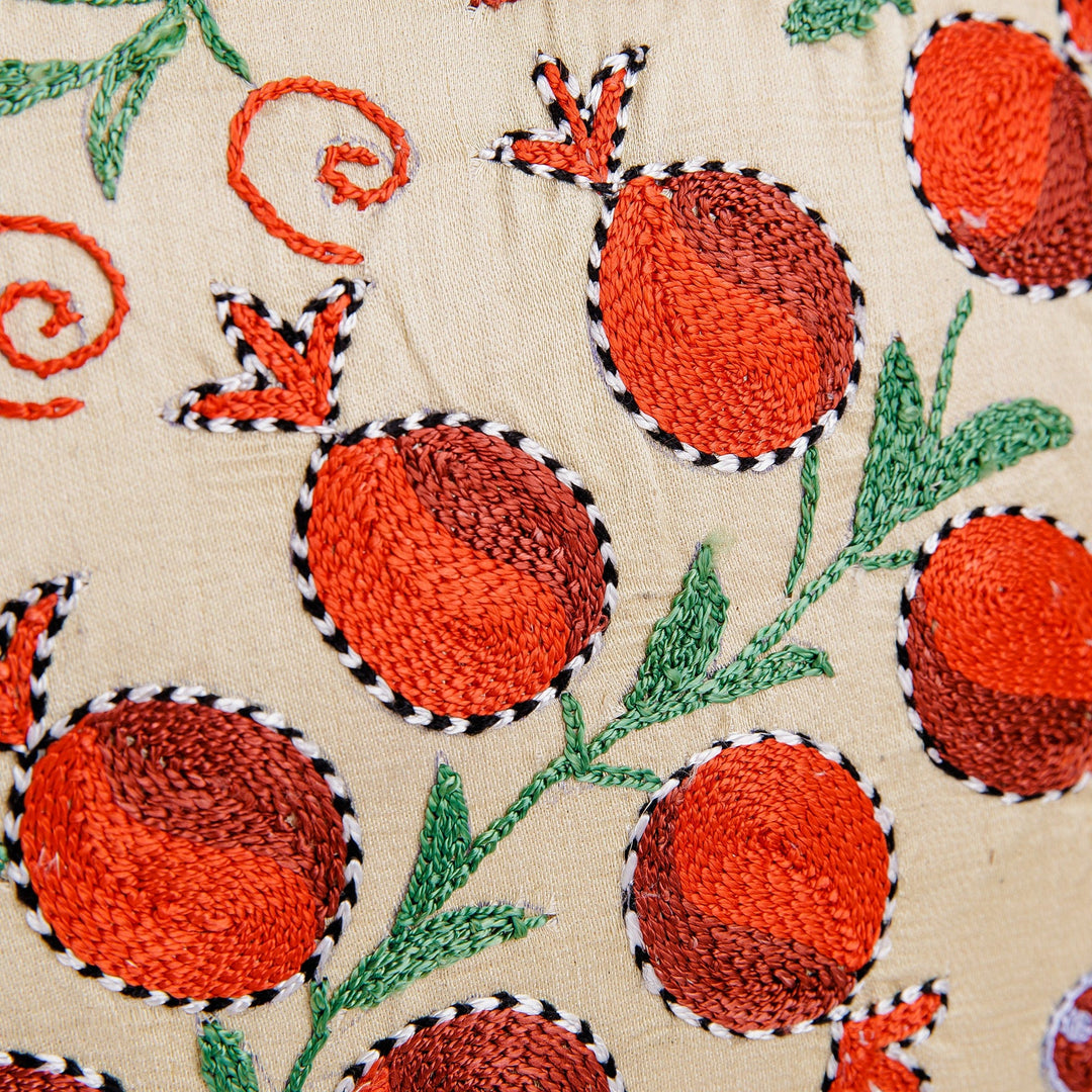 Ivory and Red Pomegranate Embroidered Silk Cushion Cover - Passion Portrait