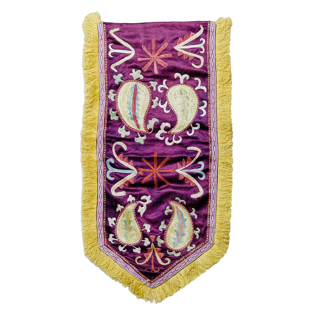 Classic Embroidered Purple Silk Wall Hanging with Fringes - Palatial Uzbekistan