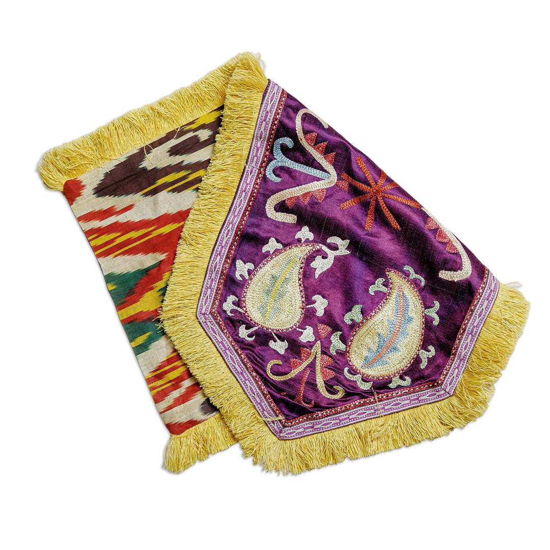 Classic Embroidered Purple Silk Wall Hanging with Fringes - Palatial Uzbekistan