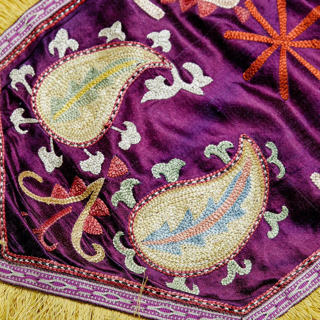 Classic Embroidered Purple Silk Wall Hanging with Fringes - Palatial Uzbekistan