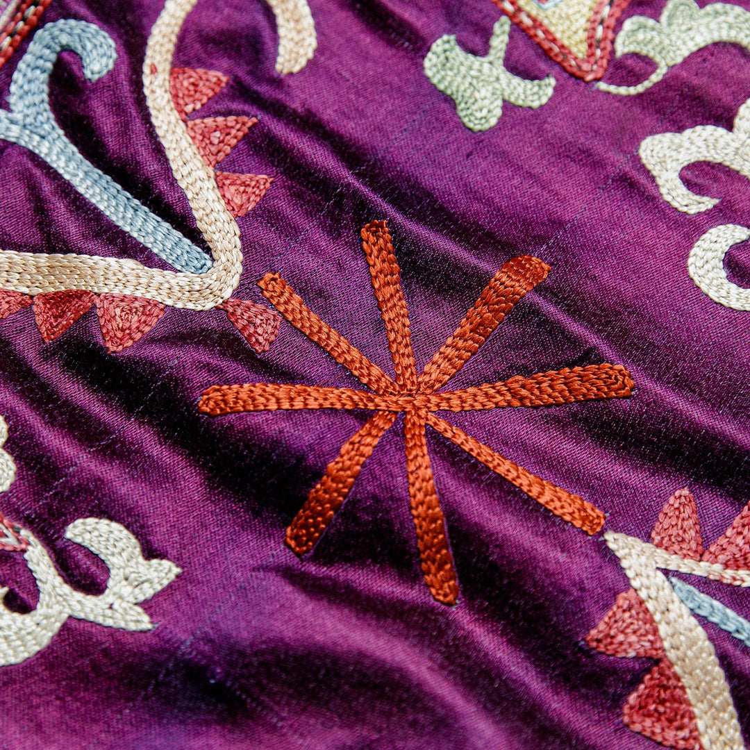 Classic Embroidered Purple Silk Wall Hanging with Fringes - Palatial Uzbekistan