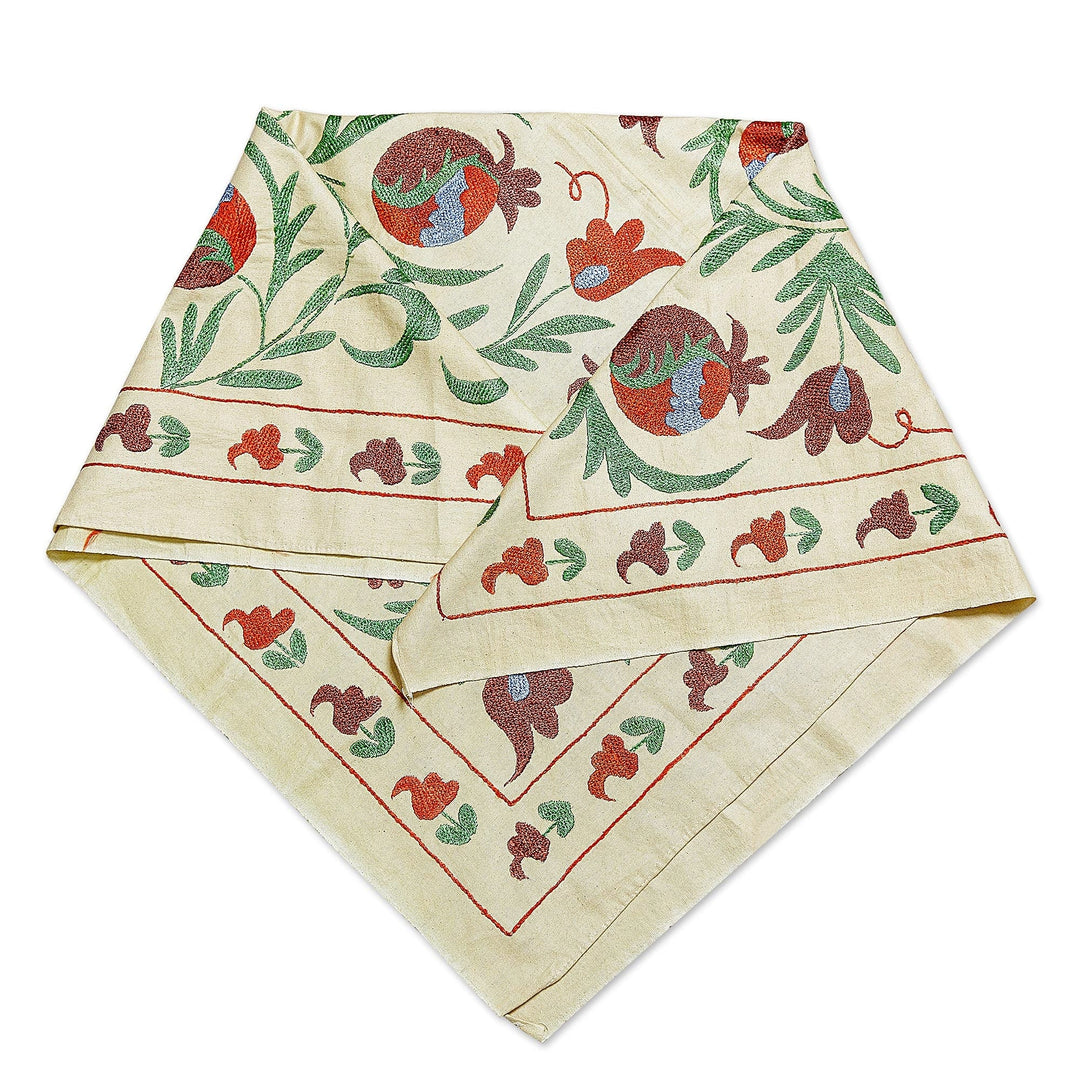 Pomegranate-Themed Viscose Embroidered Cotton Tablecloth - Suzani Passion