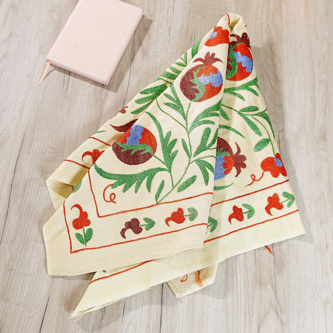 Pomegranate-Themed Viscose Embroidered Cotton Tablecloth - Suzani Passion