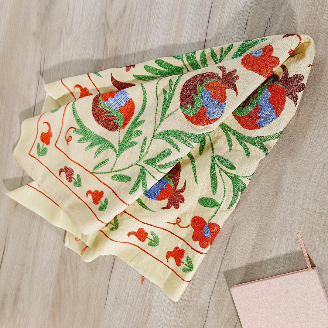 Pomegranate-Themed Viscose Embroidered Cotton Tablecloth - Suzani Passion