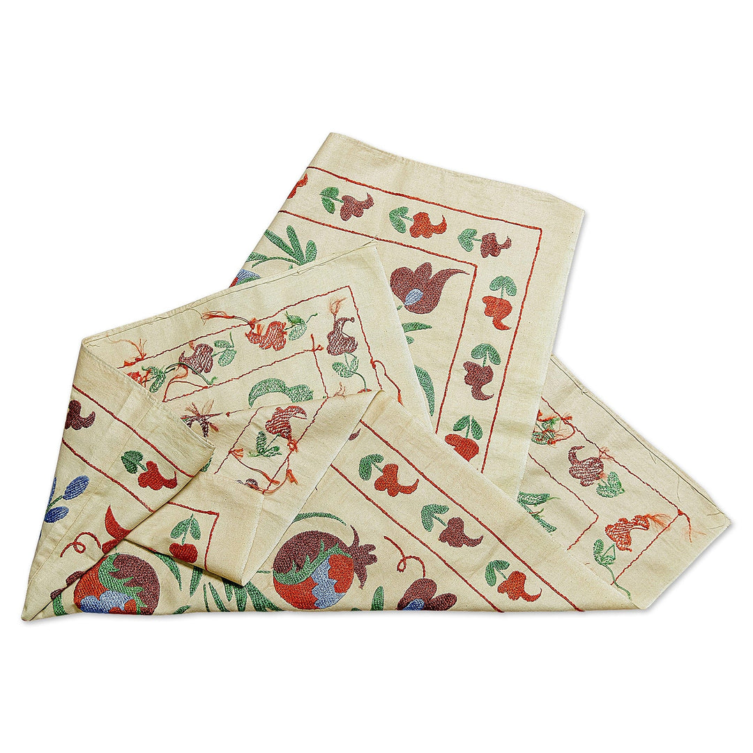 Pomegranate-Themed Viscose Embroidered Cotton Tablecloth - Suzani Passion