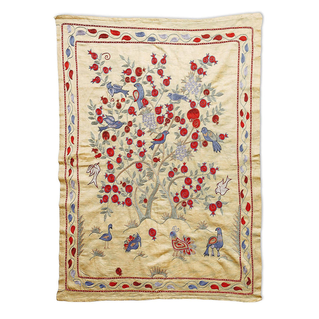 Peacock and Pomegranate Viscose Embroidered Silk Tablecloth - Suzani Royalty