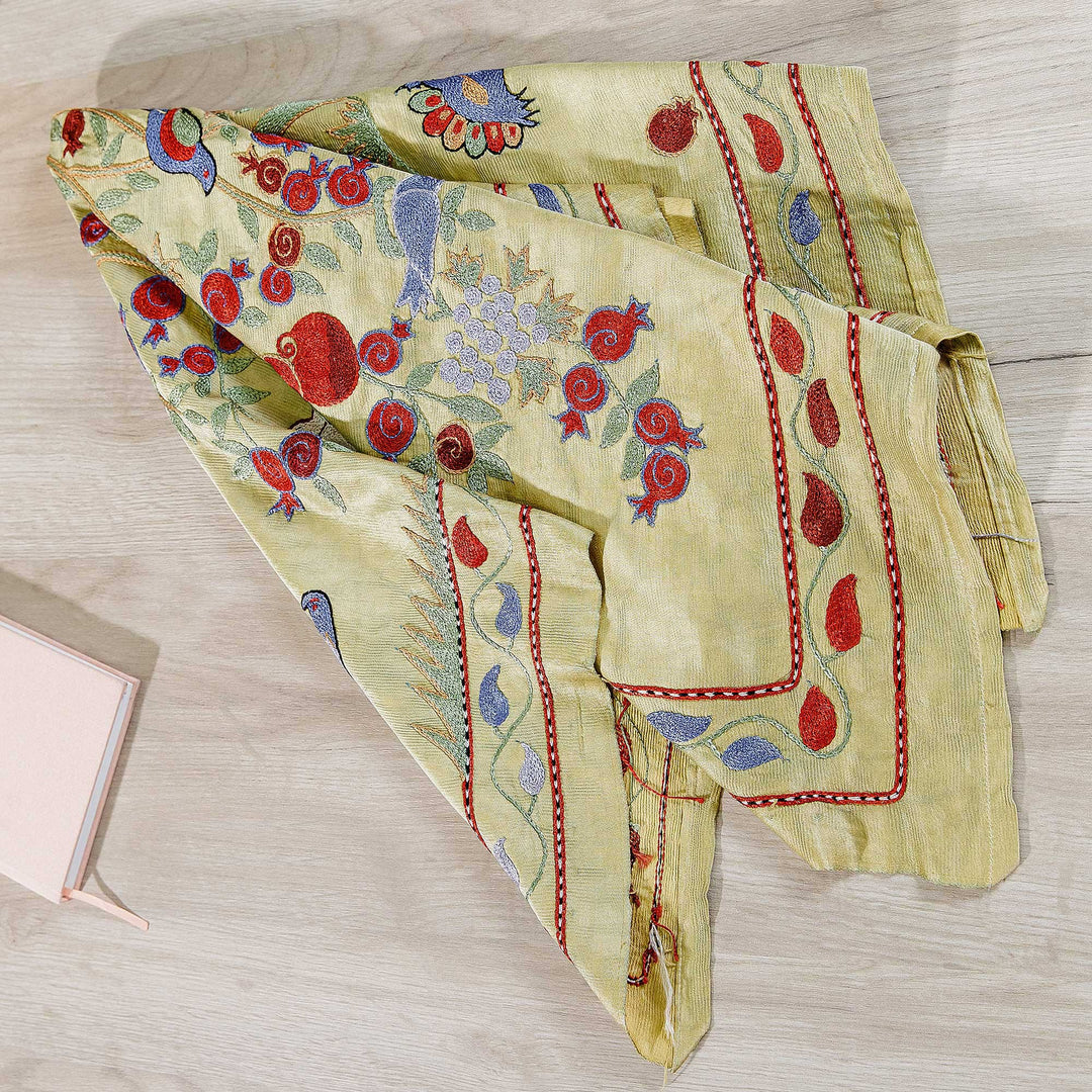 Peacock and Pomegranate Viscose Embroidered Silk Tablecloth - Suzani Royalty