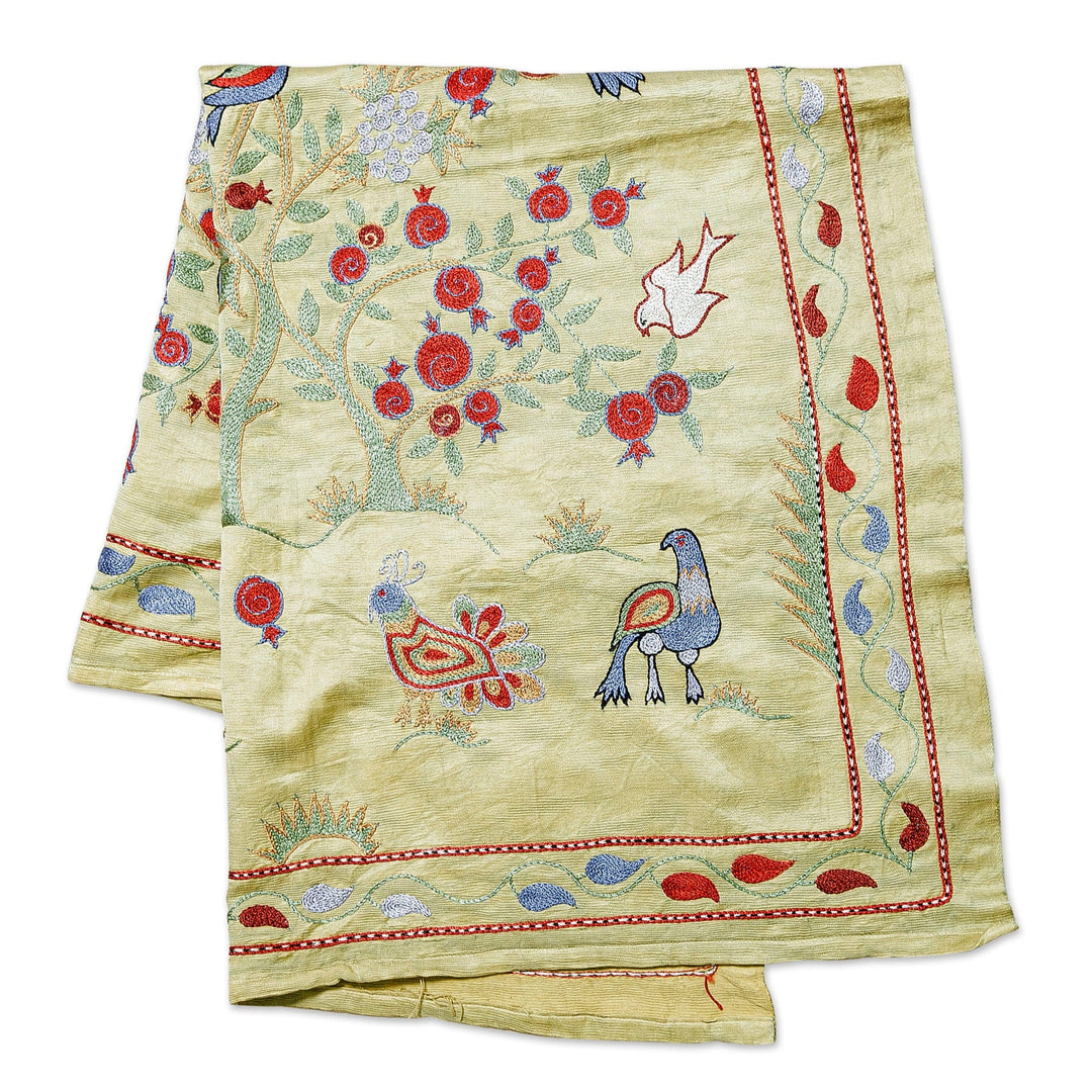 Peacock and Pomegranate Viscose Embroidered Silk Tablecloth - Suzani Royalty