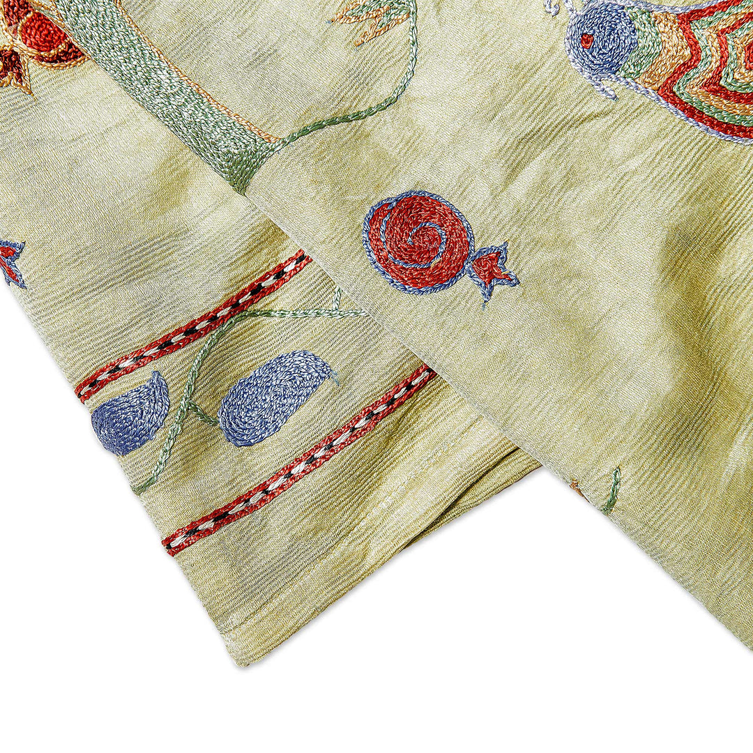 Peacock and Pomegranate Viscose Embroidered Silk Tablecloth - Suzani Royalty