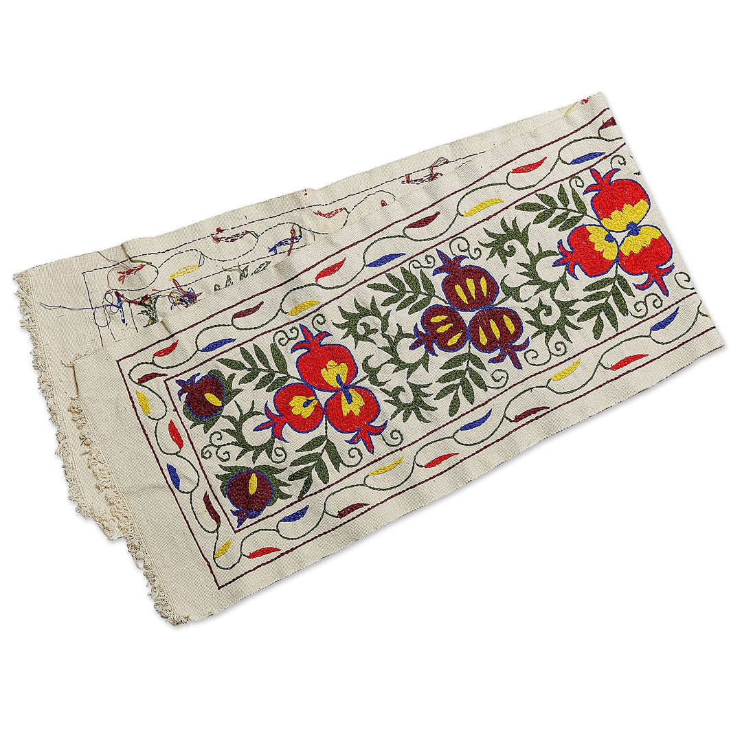 Pomegranate and Leaf-Themed Embroidered Cotton Table Runner - Purple Passions