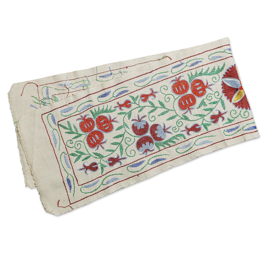 Pomegranate Red and Blue Embroidered Cotton Table Runner - Passions & Traditions