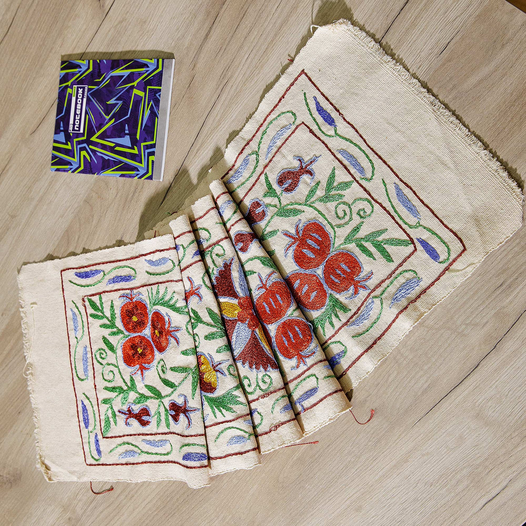 Pomegranate Red and Blue Embroidered Cotton Table Runner - Passions & Traditions
